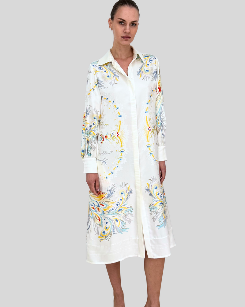 SHIRT DRESS WITH BELT: JACQUARD PEACOCK PRINTED: IVORY