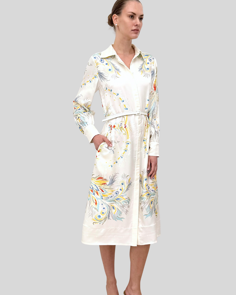 SHIRT DRESS WITH BELT: JACQUARD PEACOCK PRINTED: IVORY