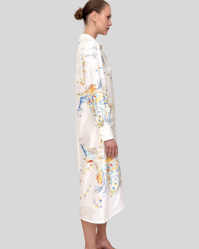 SHIRT DRESS WITH BELT: JACQUARD PEACOCK PRINTED: IVORY
