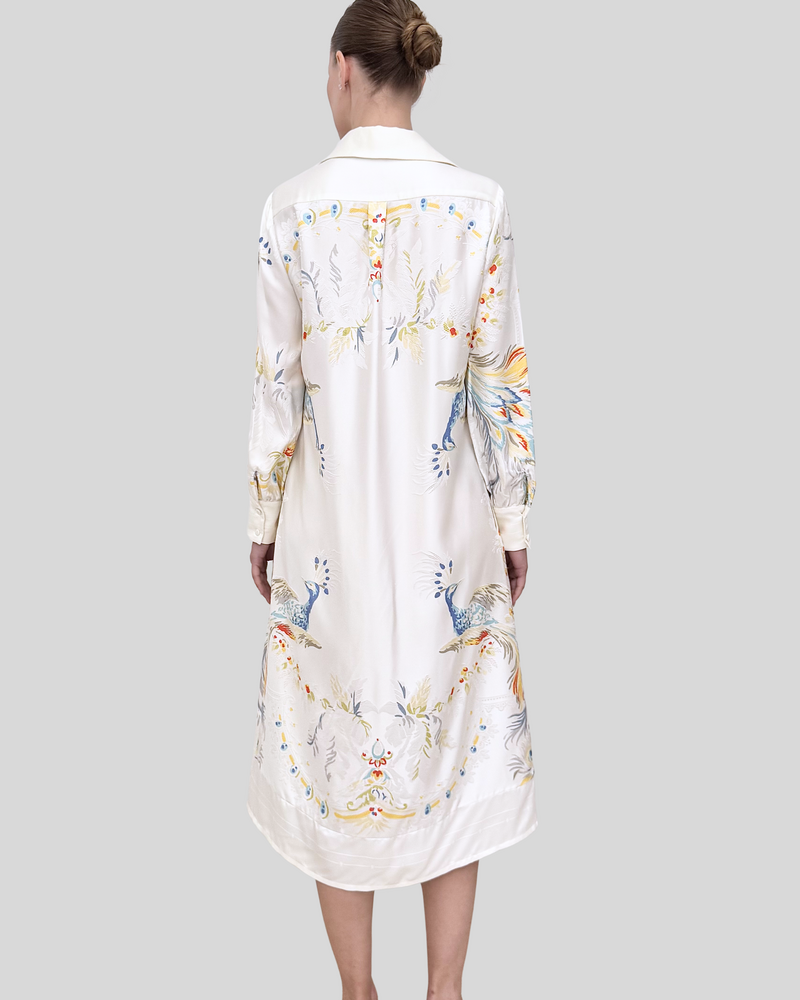 SHIRT DRESS WITH BELT: JACQUARD PEACOCK PRINTED: IVORY