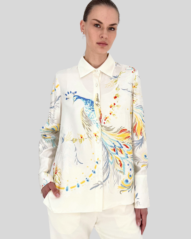 LONG SLEEVE SHIRT: JACQUARD PEACOCK PRINTED: IVORY