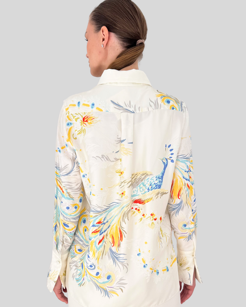 LONG SLEEVE SHIRT: JACQUARD PEACOCK PRINTED: IVORY