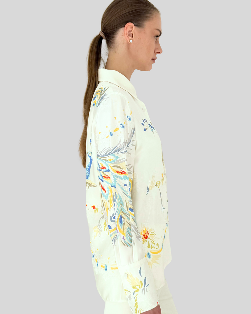 LONG SLEEVE SHIRT: JACQUARD PEACOCK PRINTED: IVORY