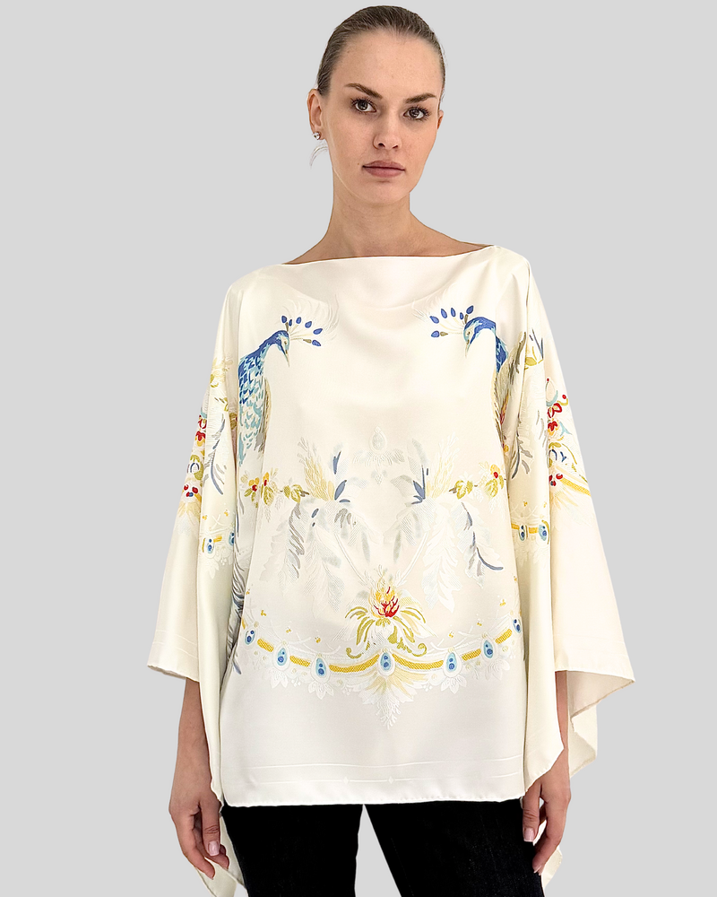 SILK JACQUARD PEACOCK PRINTED PONCHO