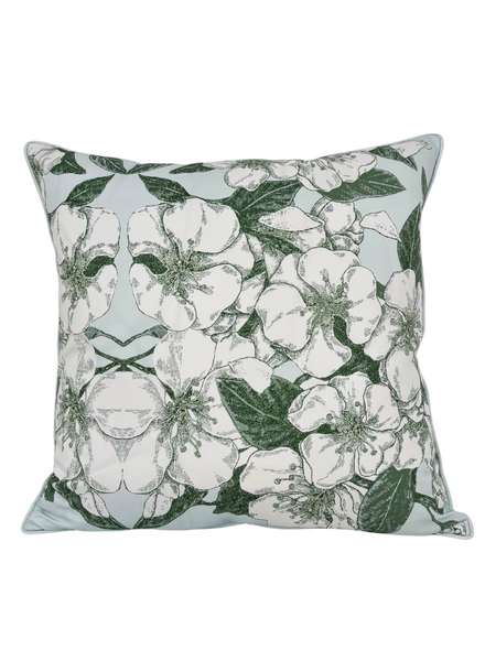 COTTON SCARF QUILTED PILLOW: APPLE BLOSSOM: LIGHT BLUE: 21"x 21"