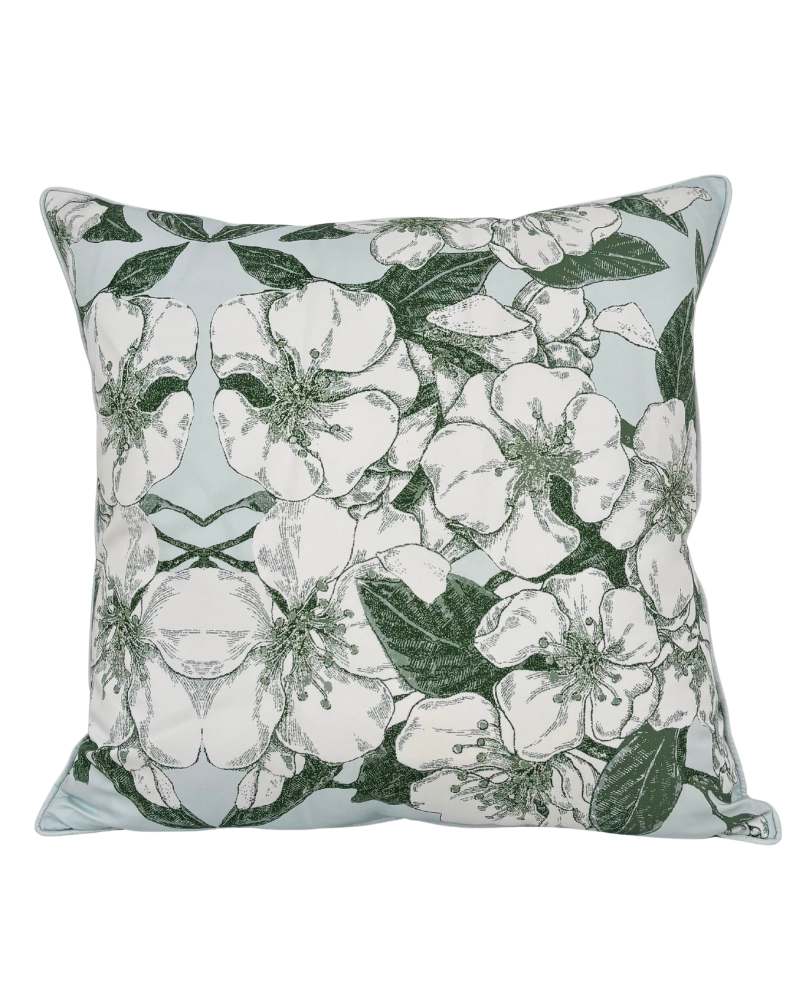 COTTON SCARF QUILTED PILLOW: APPLE BLOSSOM: LIGHT BLUE: 21"x 21"