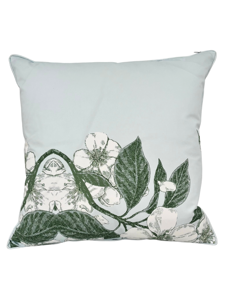 COTTON SCARF QUILTED PILLOW: APPLE BLOSSOM: LIGHT BLUE: 21"x 21"