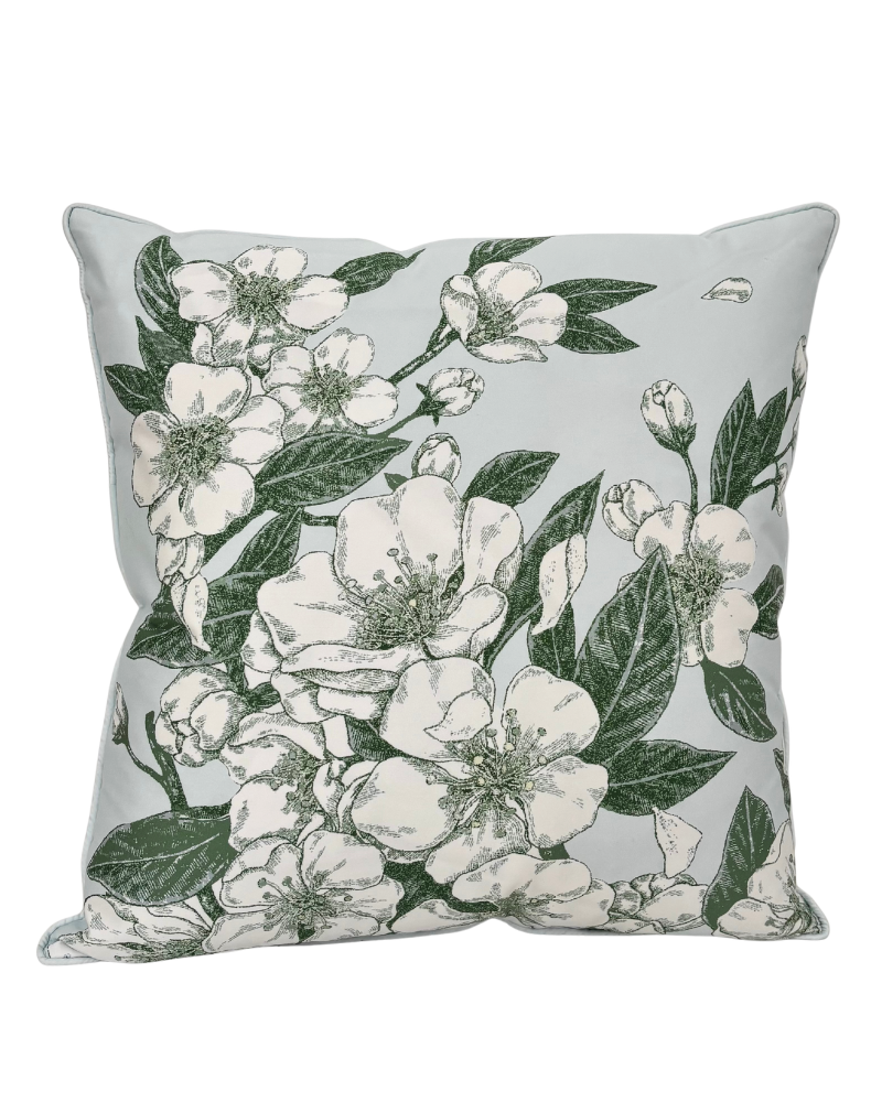 COTTON SCARF QUILTED PILLOW: APPLE BLOSSOM: LIGHT BLUE: 21"x 21"