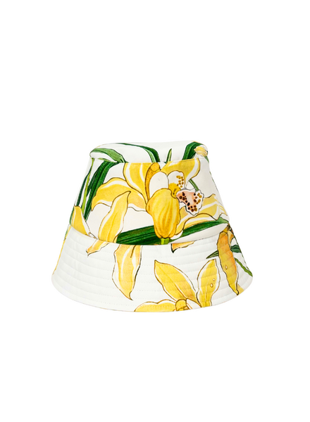 PRINTED COTTON BUCKET HAT: DANCING LADY FLOWER: YELLOW