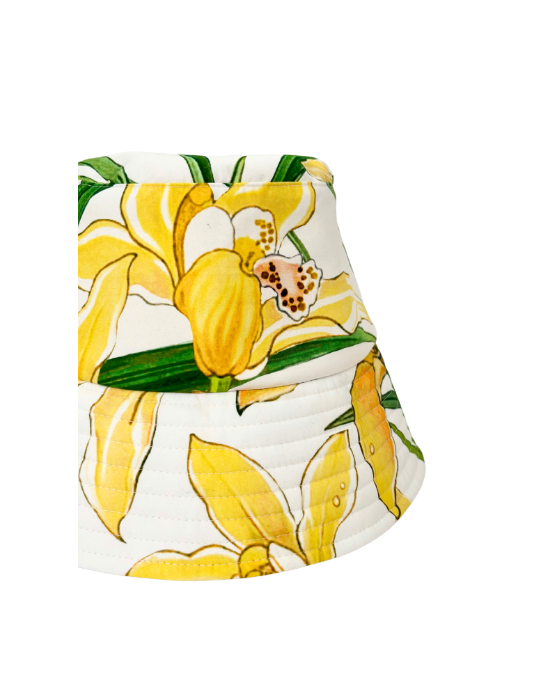 PRINTED COTTON BUCKET HAT: DANCING LADY FLOWER: YELLOW