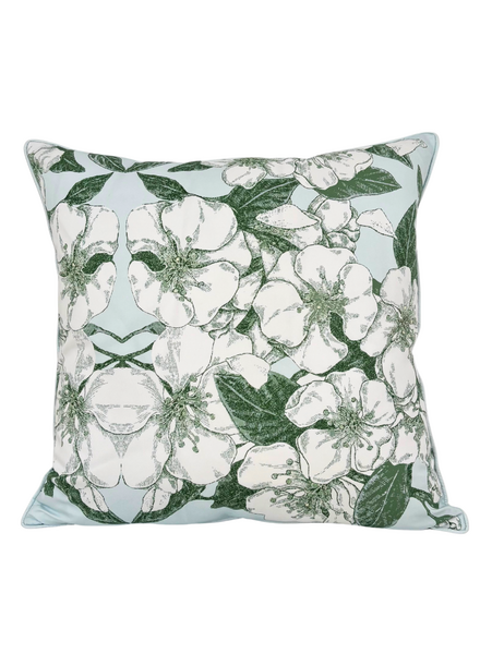 COTTON SCARF QUILTED PILLOW: APPLE BLOSSOM: LIGHT BLUE: 21"x 21"