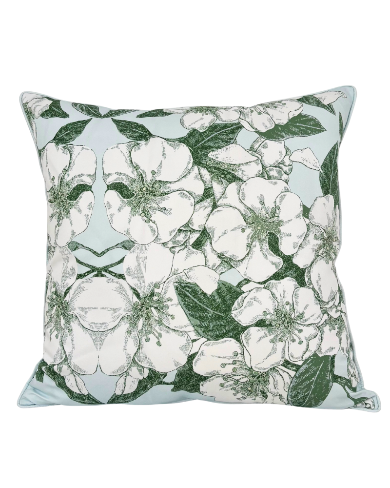 COTTON SCARF QUILTED PILLOW: APPLE BLOSSOM: LIGHT BLUE: 21"x 21"