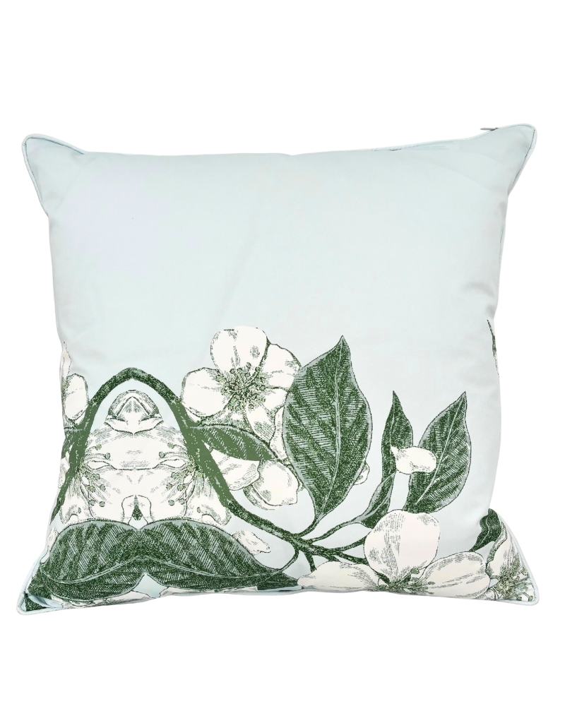 COTTON SCARF QUILTED PILLOW: APPLE BLOSSOM: LIGHT BLUE: 21"x 21"