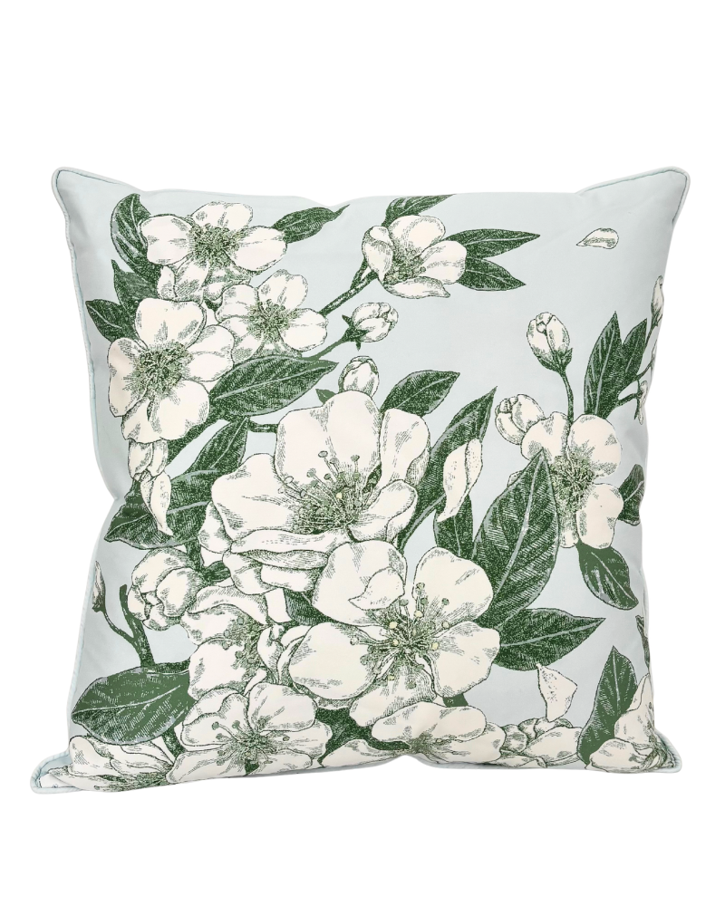 COTTON SCARF QUILTED PILLOW: APPLE BLOSSOM: LIGHT BLUE: 21"x 21"