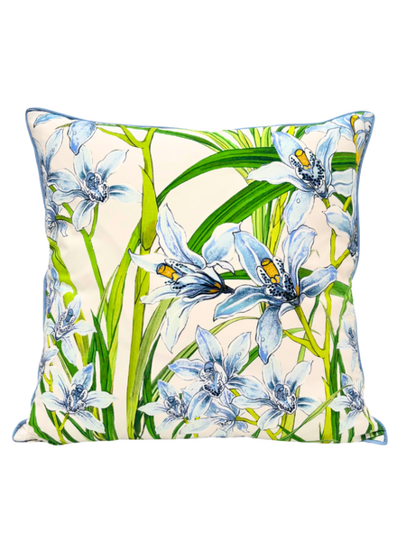 COTTON SCARF QUILTED PILLOW: DANCING LADY FLOWERS: LIGHT BLUE: 21"x 21"