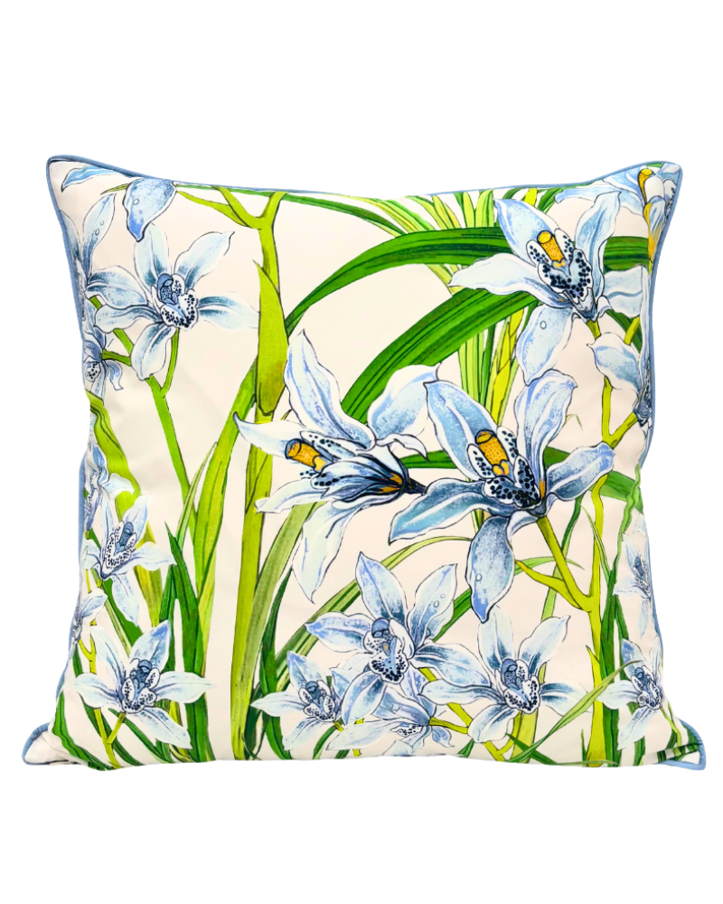 COTTON SCARF QUILTED PILLOW: DANCING LADY FLOWERS: LIGHT BLUE: 21"x 21"