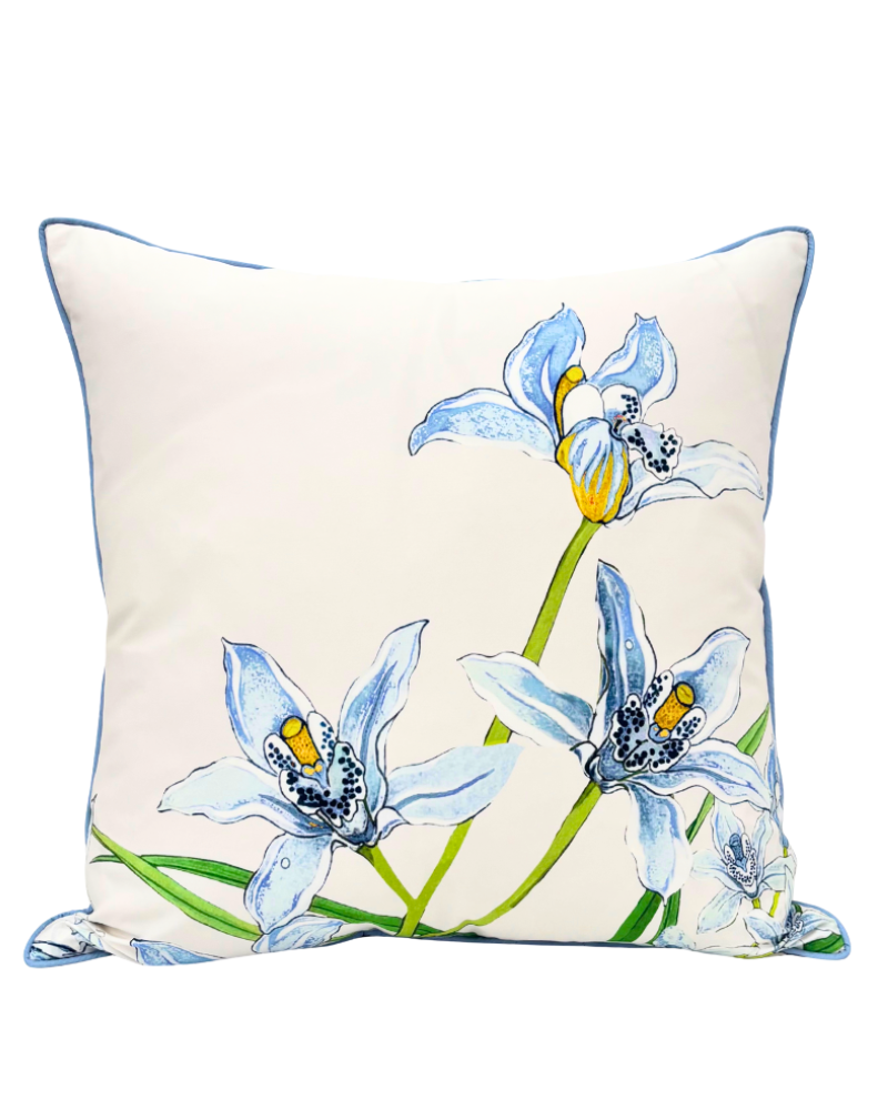 COTTON SCARF QUILTED PILLOW: DANCING LADY FLOWERS: LIGHT BLUE: 21"x 21"