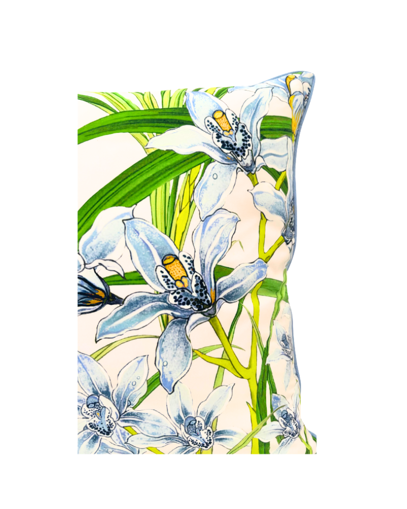 COTTON SCARF QUILTED PILLOW: DANCING LADY FLOWERS: LIGHT BLUE: 21"x 21"