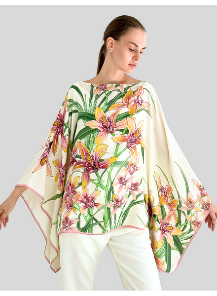 CASHMERE PRINTED PONCHO: DANCING LADY FLOWERS: PINK
