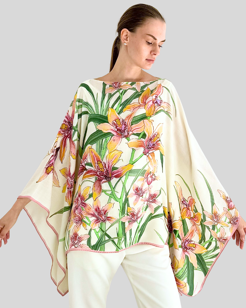 CASHMERE PRINTED PONCHO: DANCING LADY FLOWERS: PINK
