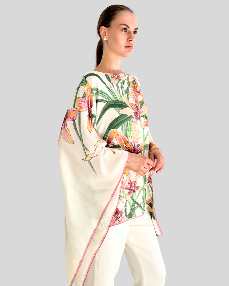 CASHMERE PRINTED PONCHO: DANCING LADY FLOWERS: PINK