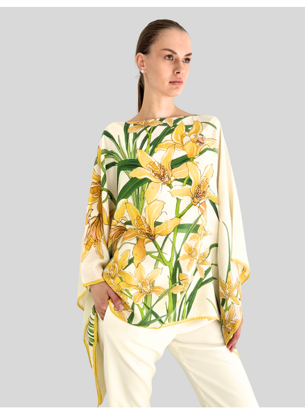 CASHMERE PRINTED PONCHO: DANCING LADY FLOWERS: YELLOW