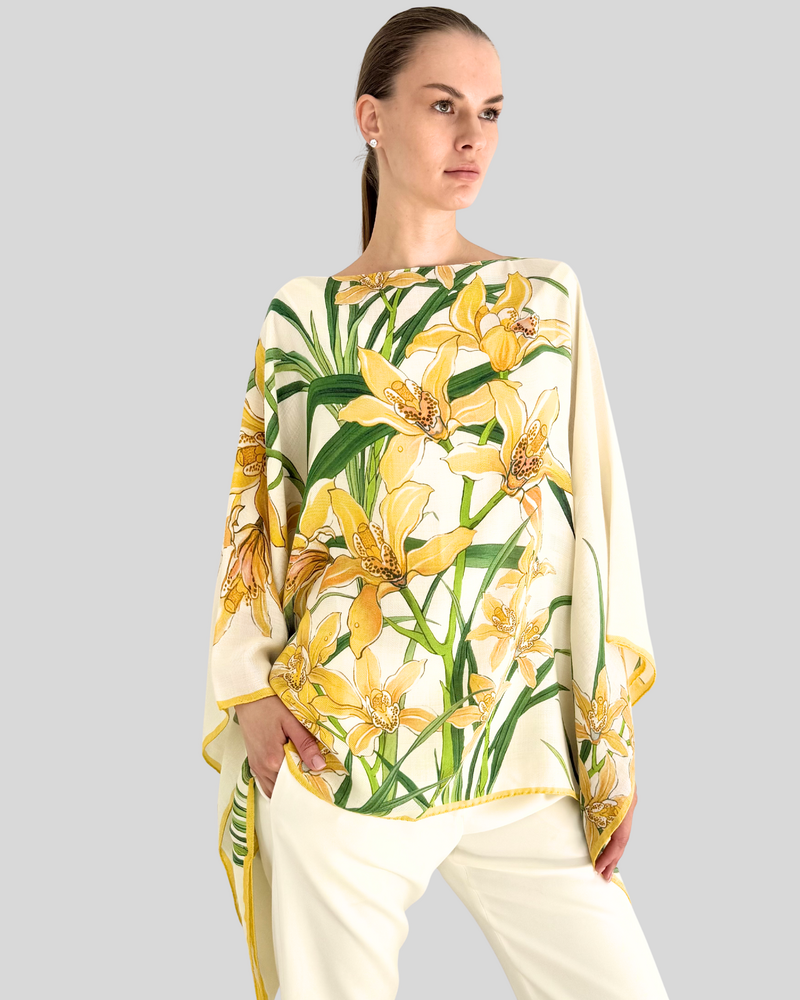 CASHMERE PRINTED PONCHO: DANCING LADY FLOWERS: YELLOW