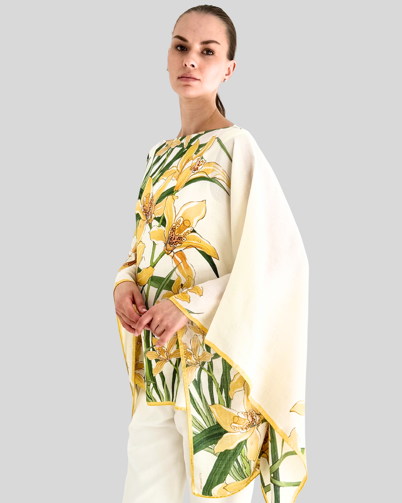 CASHMERE PRINTED PONCHO: DANCING LADY FLOWERS: YELLOW