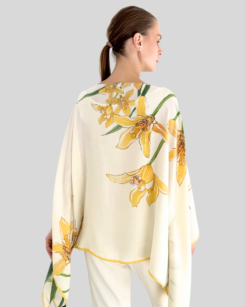CASHMERE PRINTED PONCHO: DANCING LADY FLOWERS: YELLOW