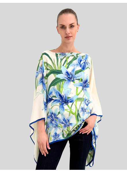 CASHMERE PRINTED PONCHO: DANCING LADY FLOWERS: BLUE