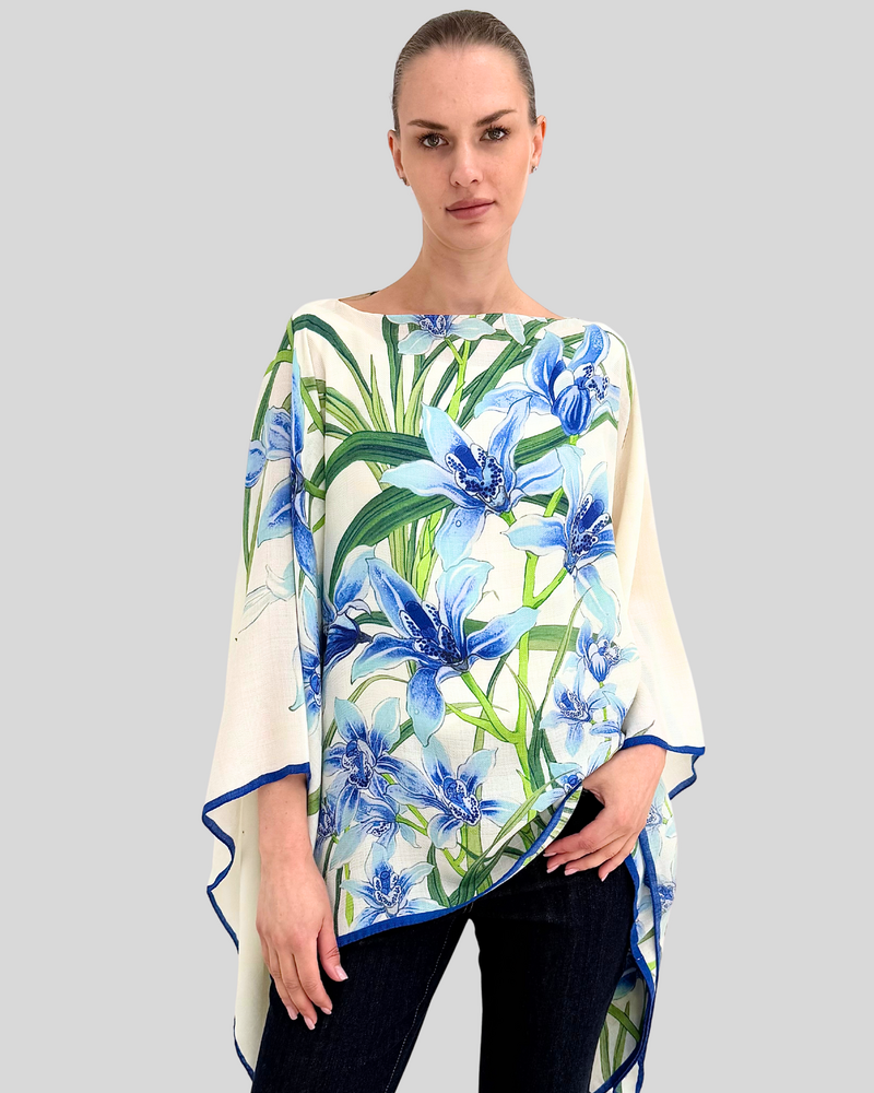 CASHMERE PRINTED PONCHO: DANCING LADY FLOWERS: BLUE