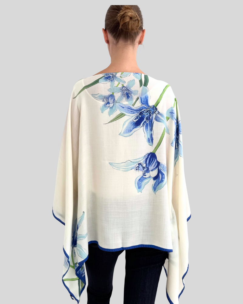 CASHMERE PRINTED PONCHO: DANCING LADY FLOWERS: BLUE