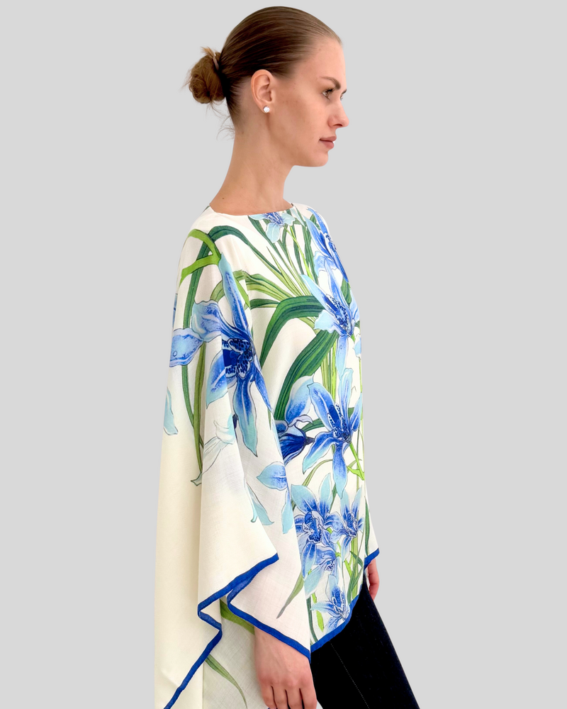 CASHMERE PRINTED PONCHO: DANCING LADY FLOWERS: BLUE