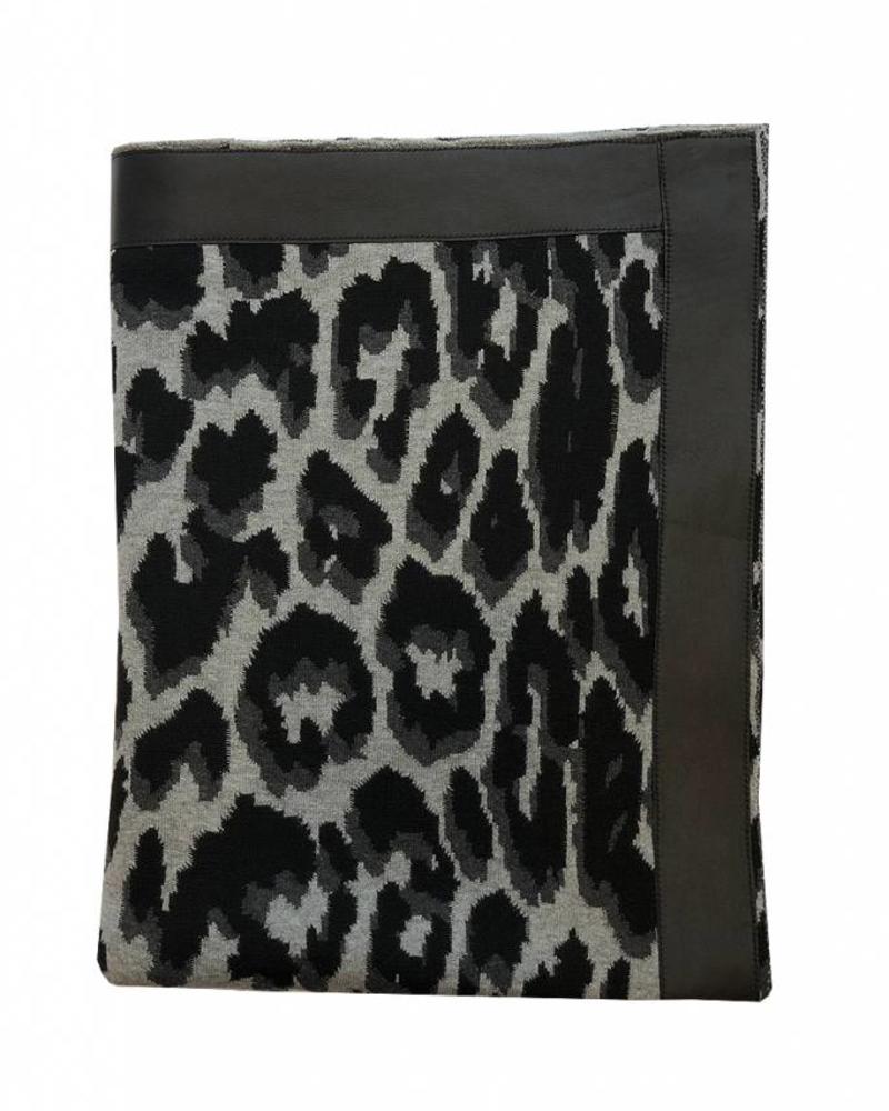 COTTON KNITTED LEOPARD THROW WITH SUEDE BORDER: 52" x 75" :  BLACK