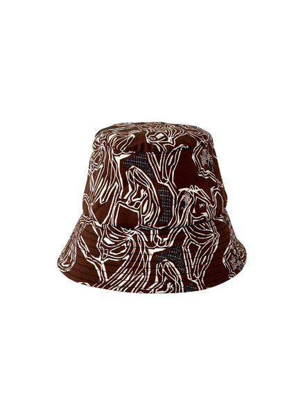 PRINTED SILK TWILL BUCKET HAT: WELLINGTON: CHOCOLATE