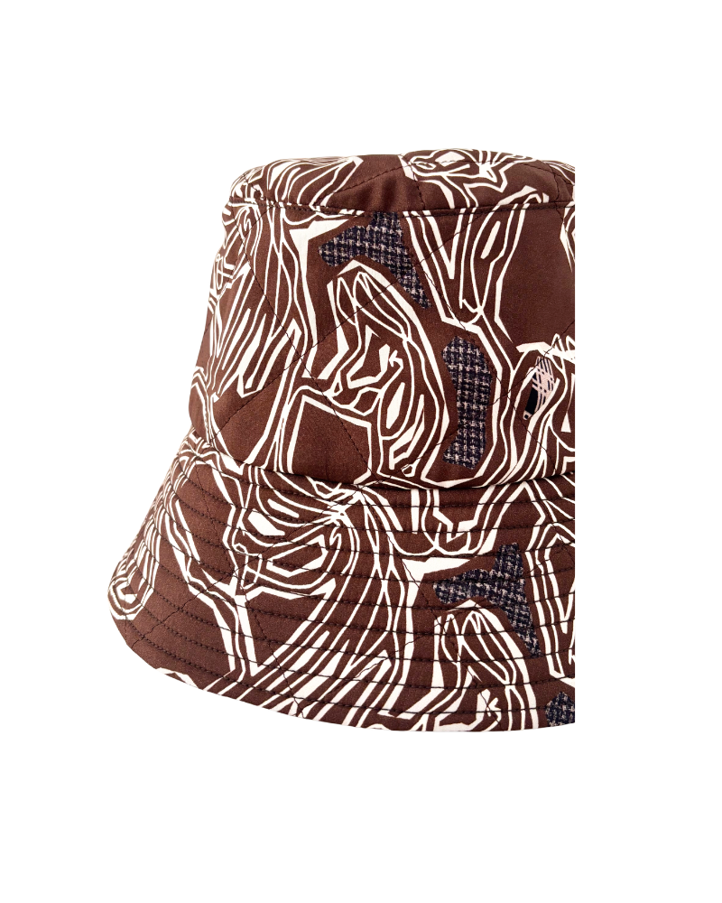 PRINTED SILK TWILL BUCKET HAT: WELLINGTON: CHOCOLATE