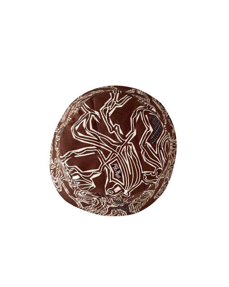 PRINTED SILK TWILL BUCKET HAT: WELLINGTON: CHOCOLATE