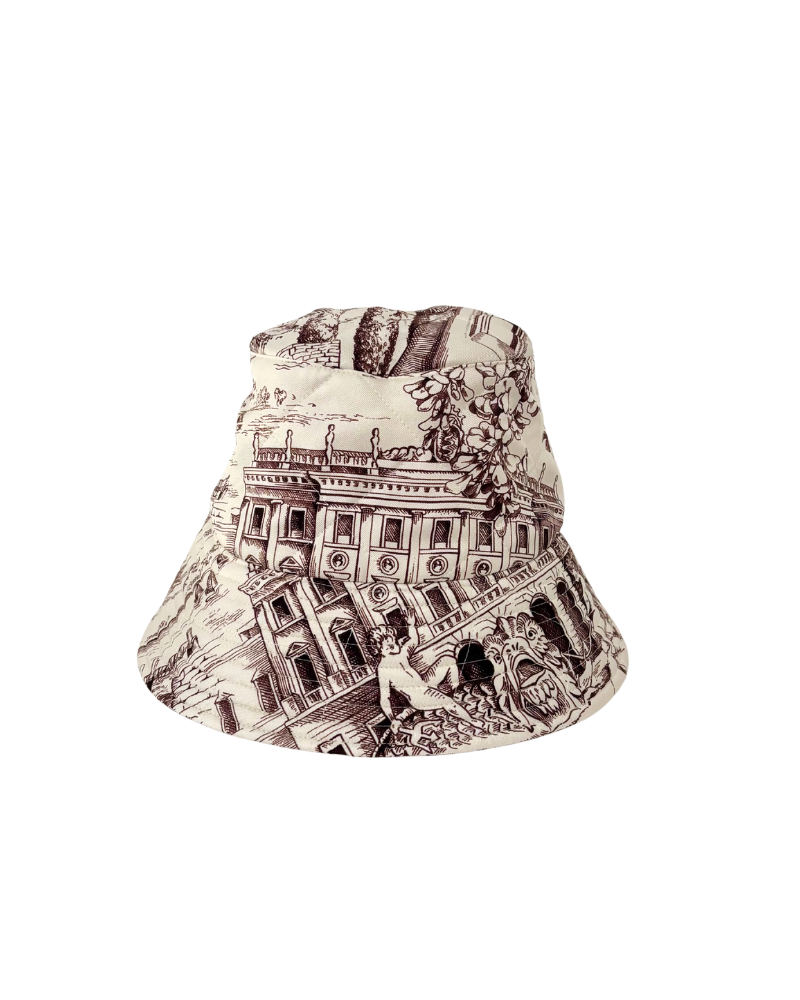 PRINTED SILK TWILL BUCKET HAT:MODERN LAKE COMO: BROWN