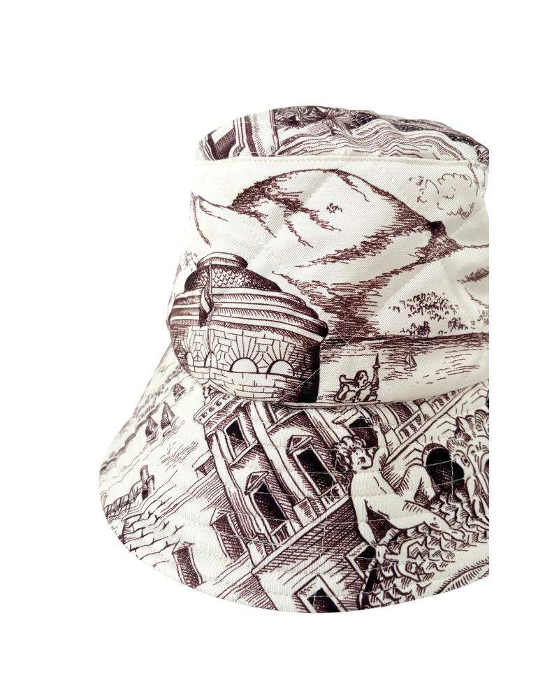PRINTED SILK TWILL BUCKET HAT:MODERN LAKE COMO: BROWN