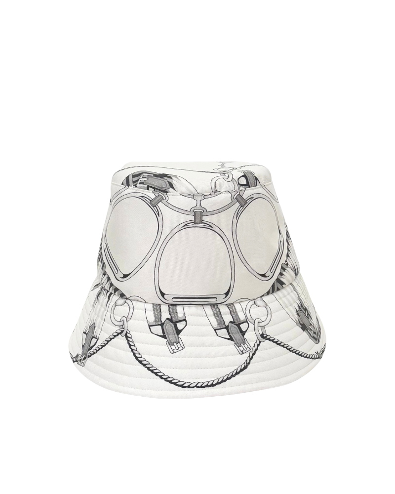 PRINTED SILK TWILL BUCKET HAT: SADDLE MANDALA: BLACK & WHITE