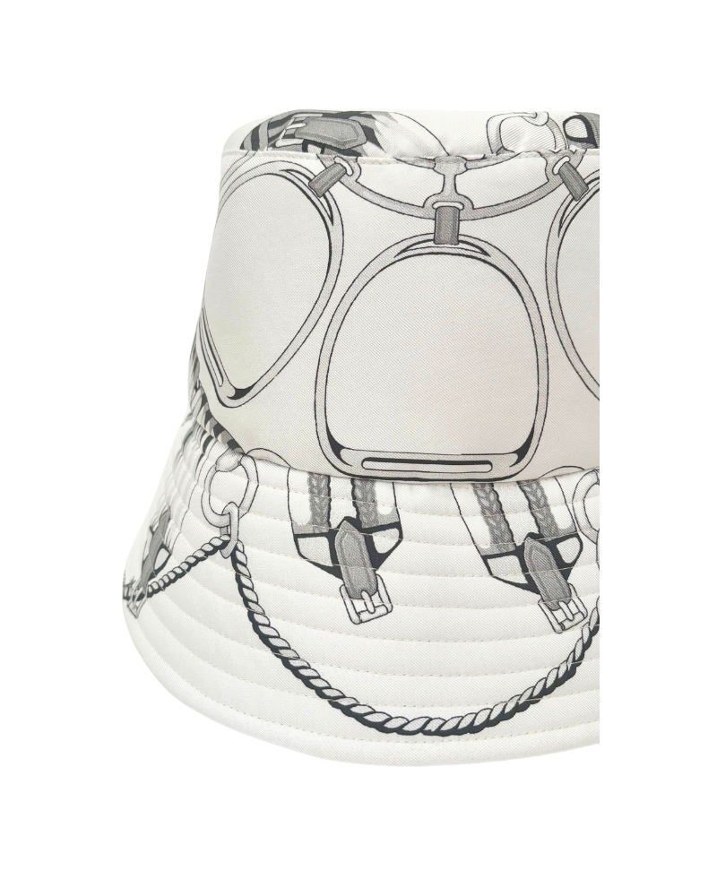 PRINTED SILK TWILL BUCKET HAT: SADDLE MANDALA: BLACK & WHITE