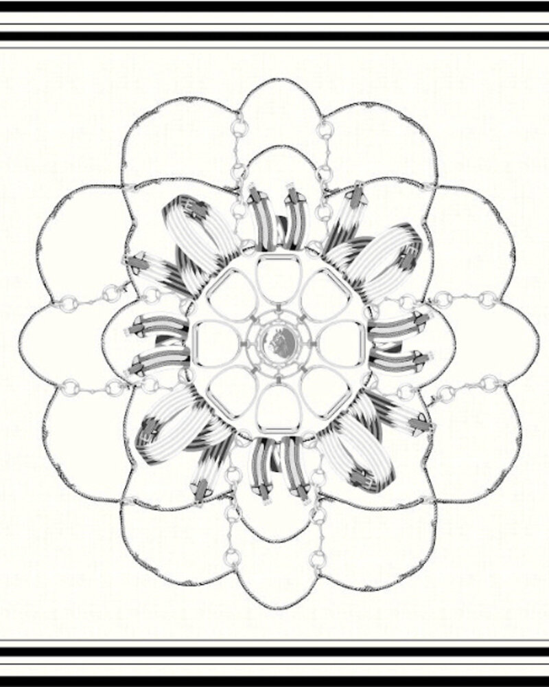 CASHMERE PRINTED SCARF: SADDLE MANDALA: BLACK & WHITE