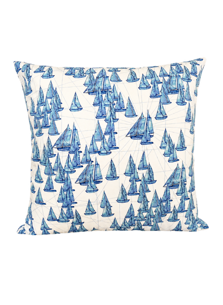 SILK PRINTED PILLOW: BOAT/ ZIG ZAG : BLUE 21"X21"