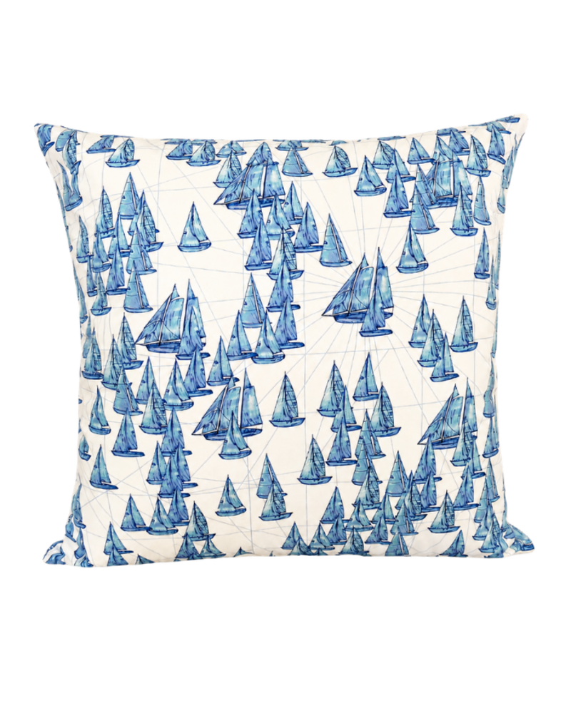 SILK PRINTED PILLOW: BOAT/ ZIG ZAG : BLUE 21"X21"