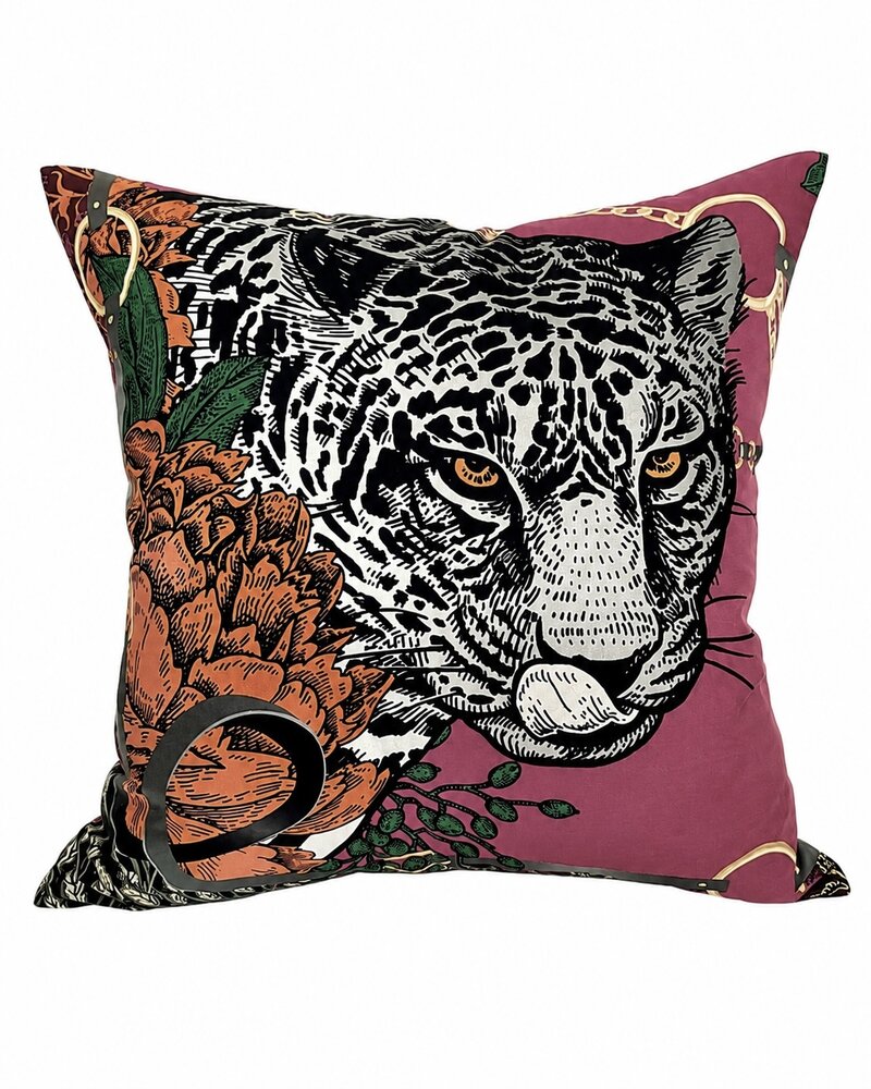SILK QUILTED PILLOW: LEOPARD: ROSE 21"X21"