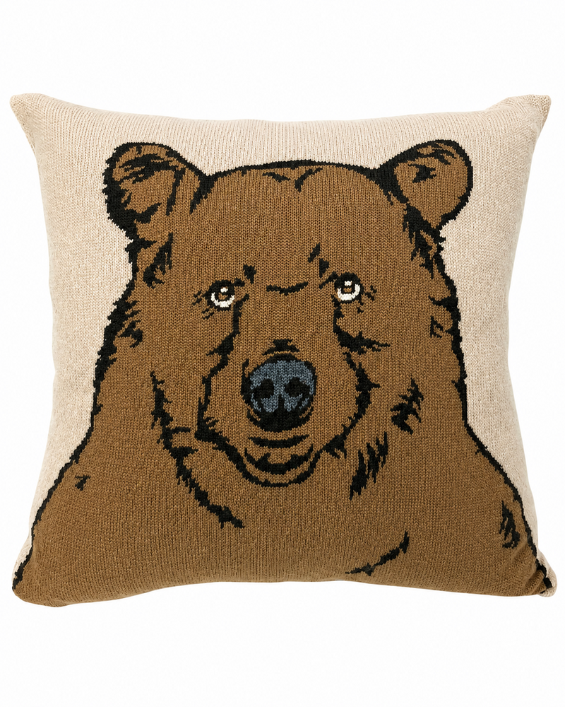 CASHMERE BLEND BEAR PILLOW: 21" X 21": BEIGE-TABACCO