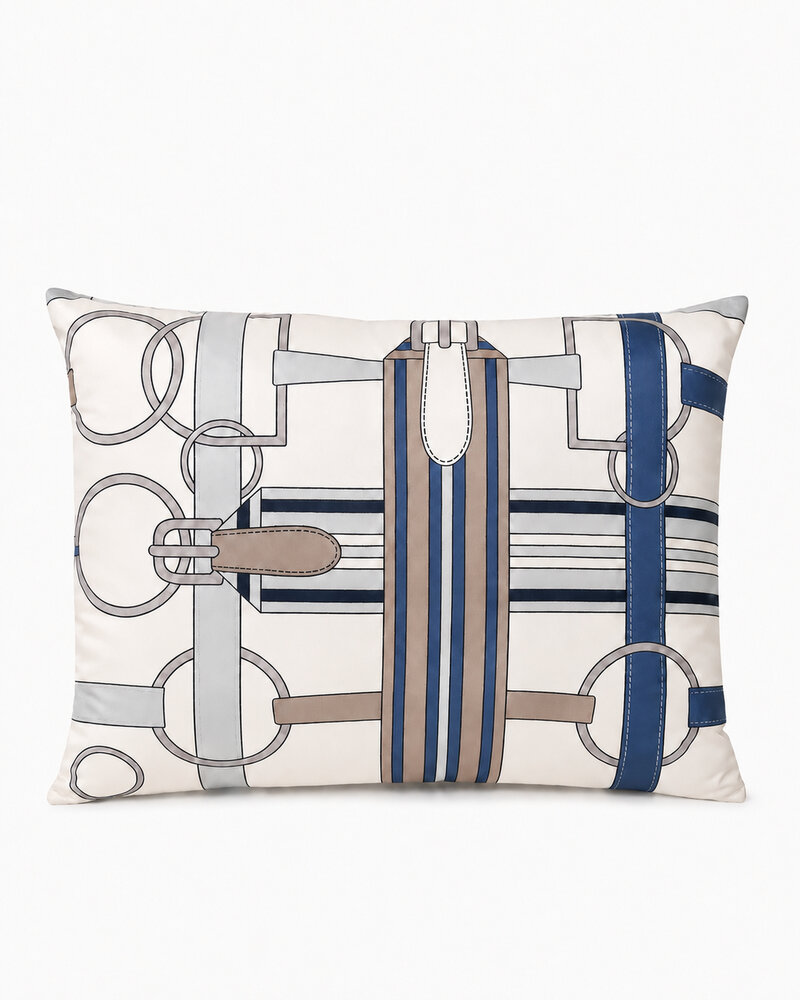 SILK QUILTED PILLOW: SADDLE EQUESTRIAN PRINT: BLUE 16"X20"