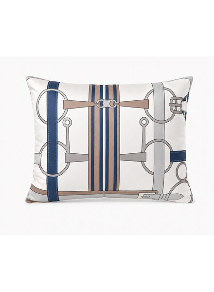SILK QUILTED PILLOW: SADDLE EQUESTRIAN PRINT: BLUE 16"X20"