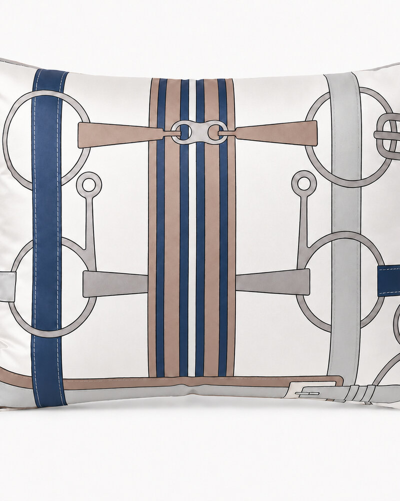 SILK QUILTED PILLOW: SADDLE EQUESTRIAN PRINT: BLUE 16"X20"