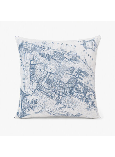 NEW YORK PRINT COTTON PILLOW: 22" X 22": BLUE